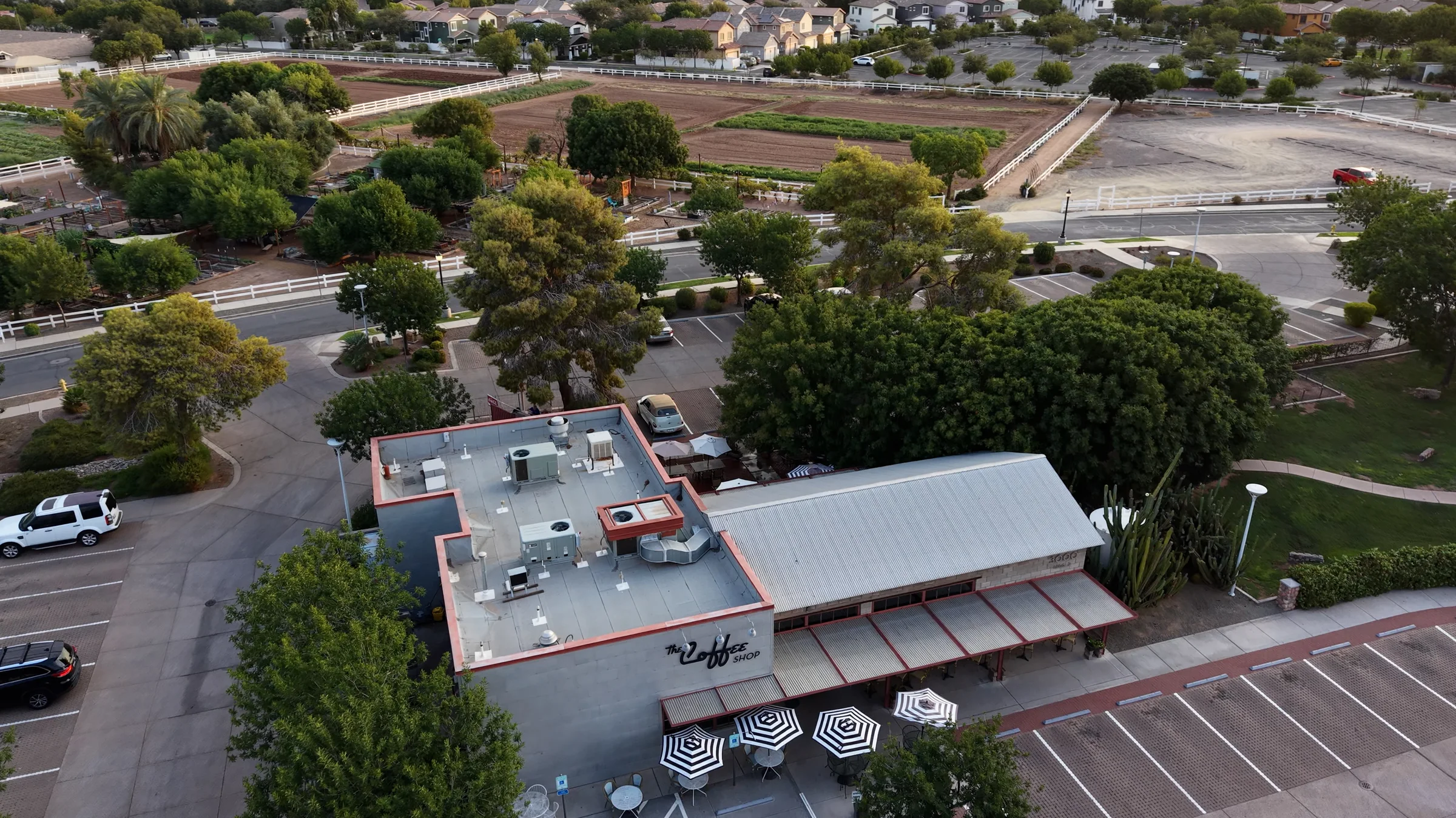 Aerial view of The Coffee Shop at Agritopia, its striped patio umbrellas, surrounding trees and nearby farm fields.