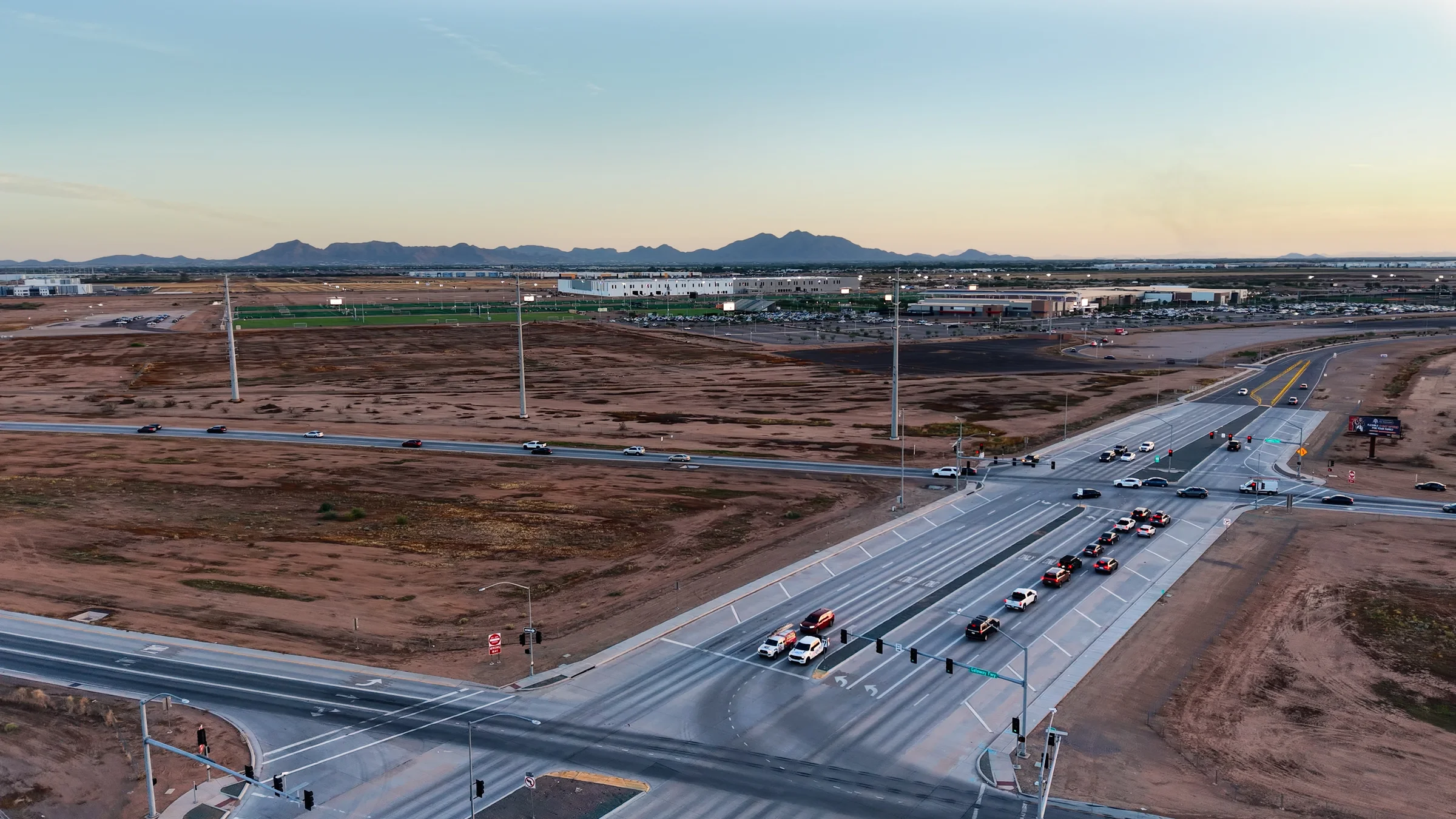 Drone view of the vacant plot near SR 24 and Williams Field Road in Mesa, with Arizona Athletic Grounds behind it, photographed August 24, 2026.
