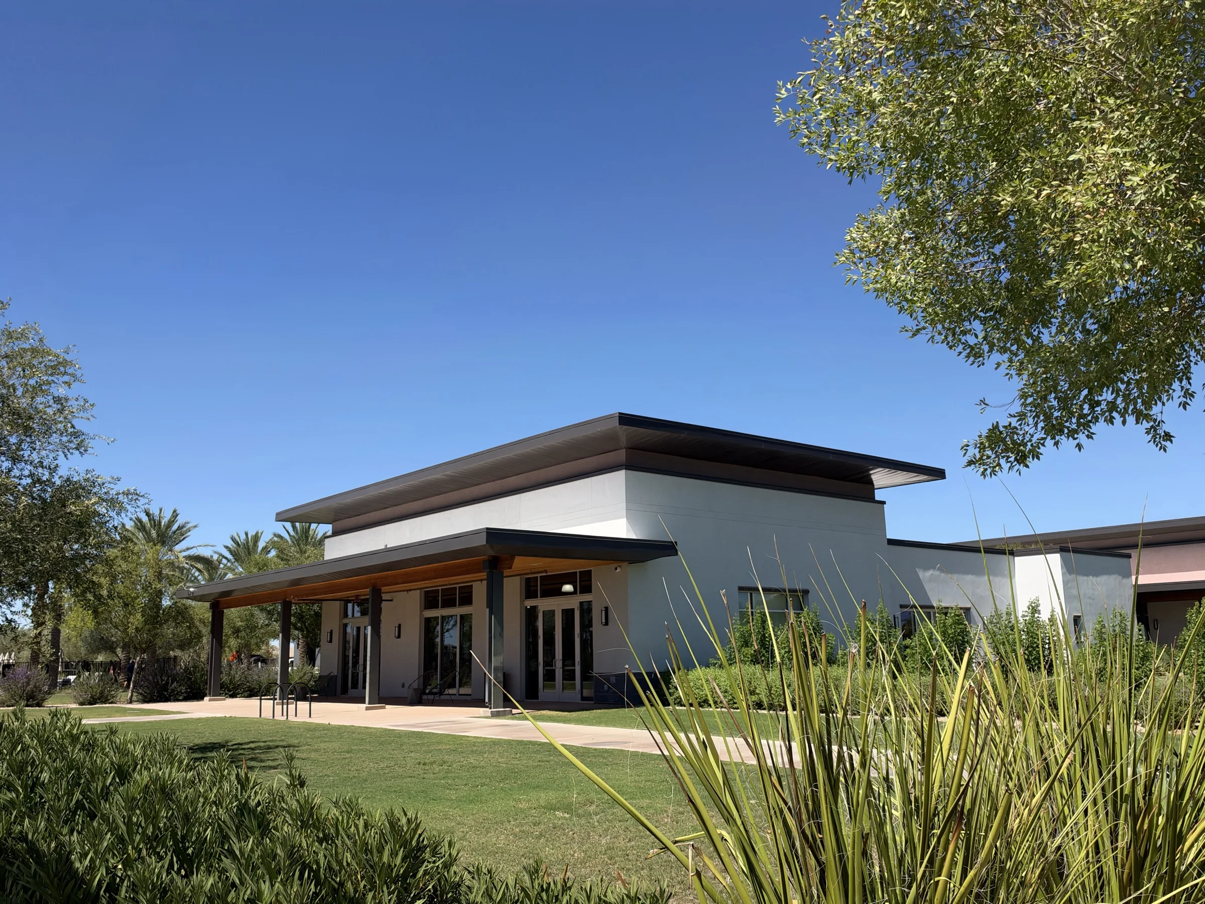 Community center exterior at The Square in Cadence at Gateway, Mesa, with a shaded entrance, lawn and desert landscaping.