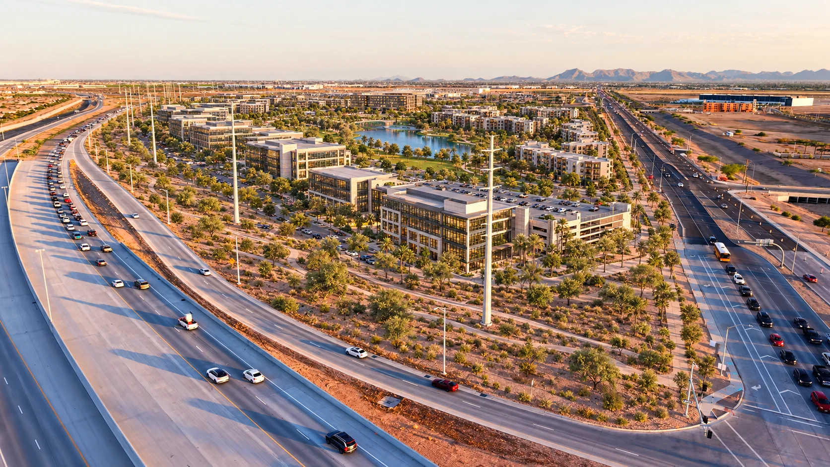 AI-generated aerial concept of Legacy Park with offices, housing and a lake within the photographed site beside SR 24 and Ellsworth Road.
