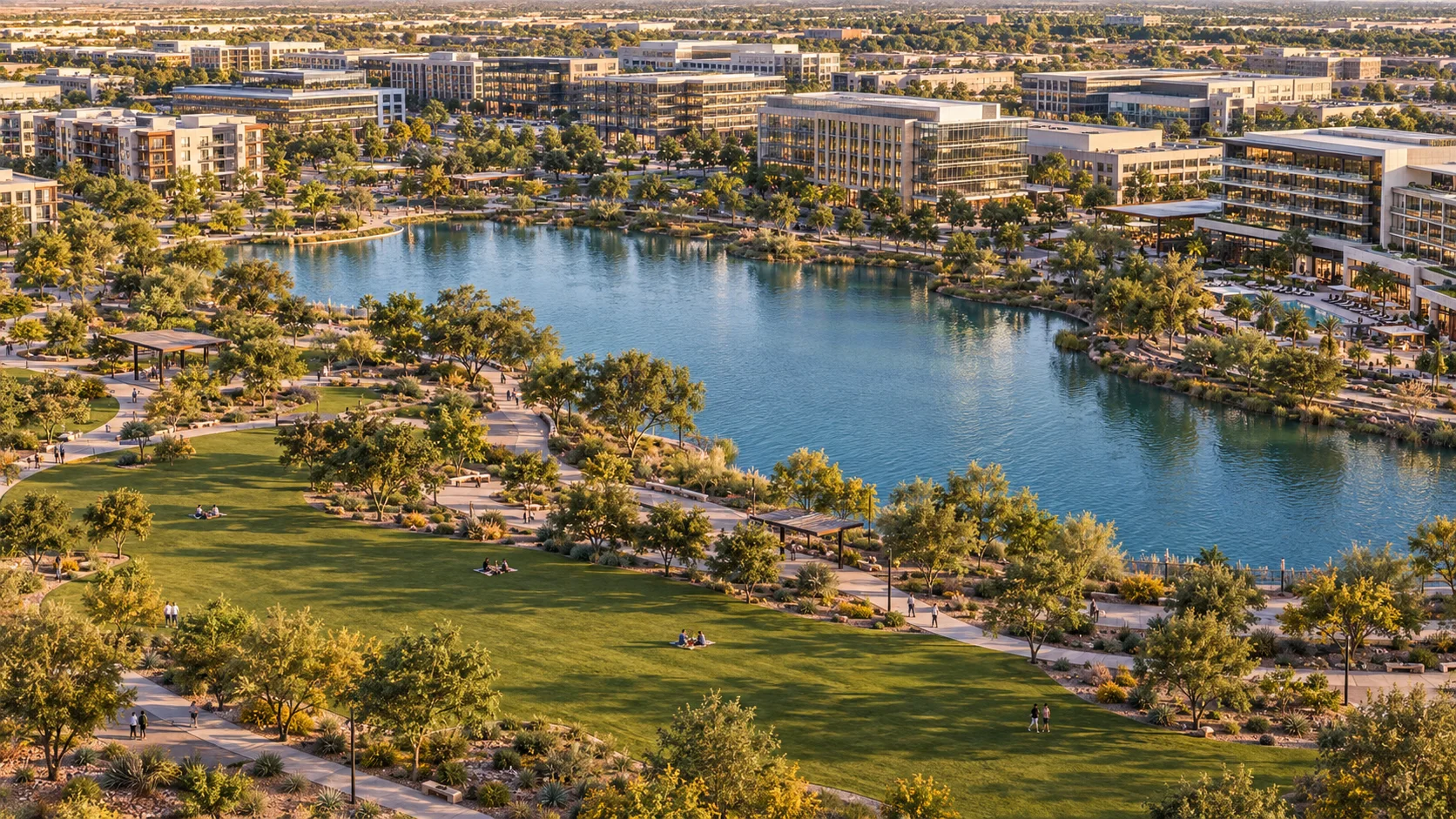 AI-generated concept of Legacy Park showing an urban lake, open lawns, walking paths and surrounding offices and resort buildings.