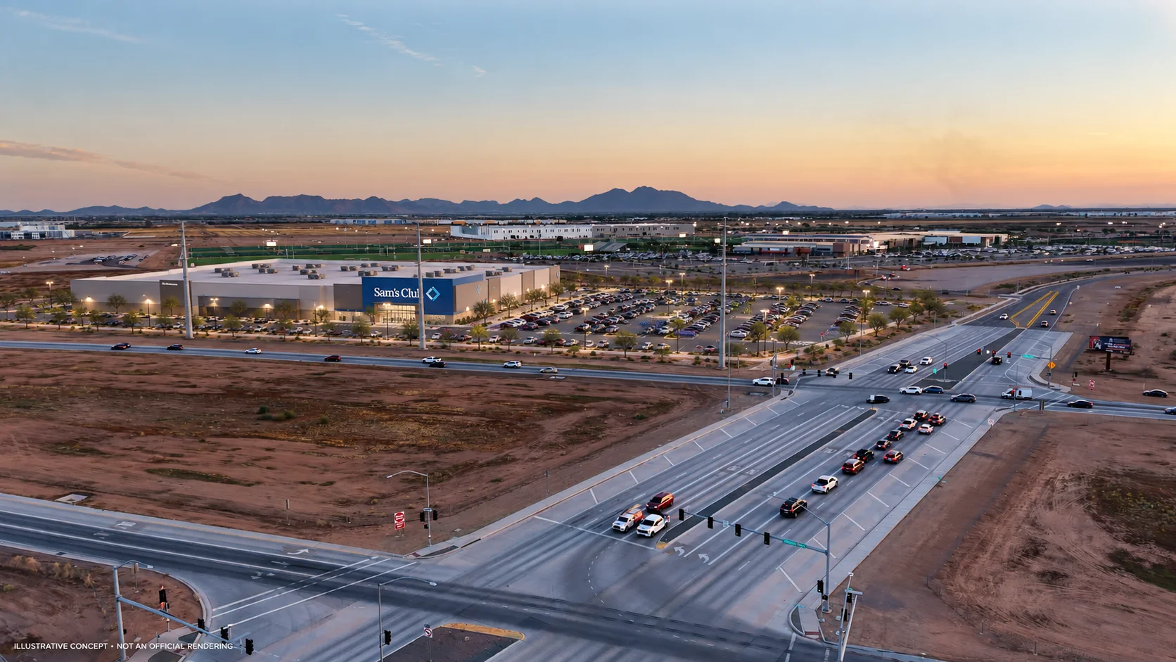AI-generated illustrative concept of a Sam’s Club and parking lot on the photographed plot near SR 24 and Williams Field Road; not an official rendering or approved site plan.