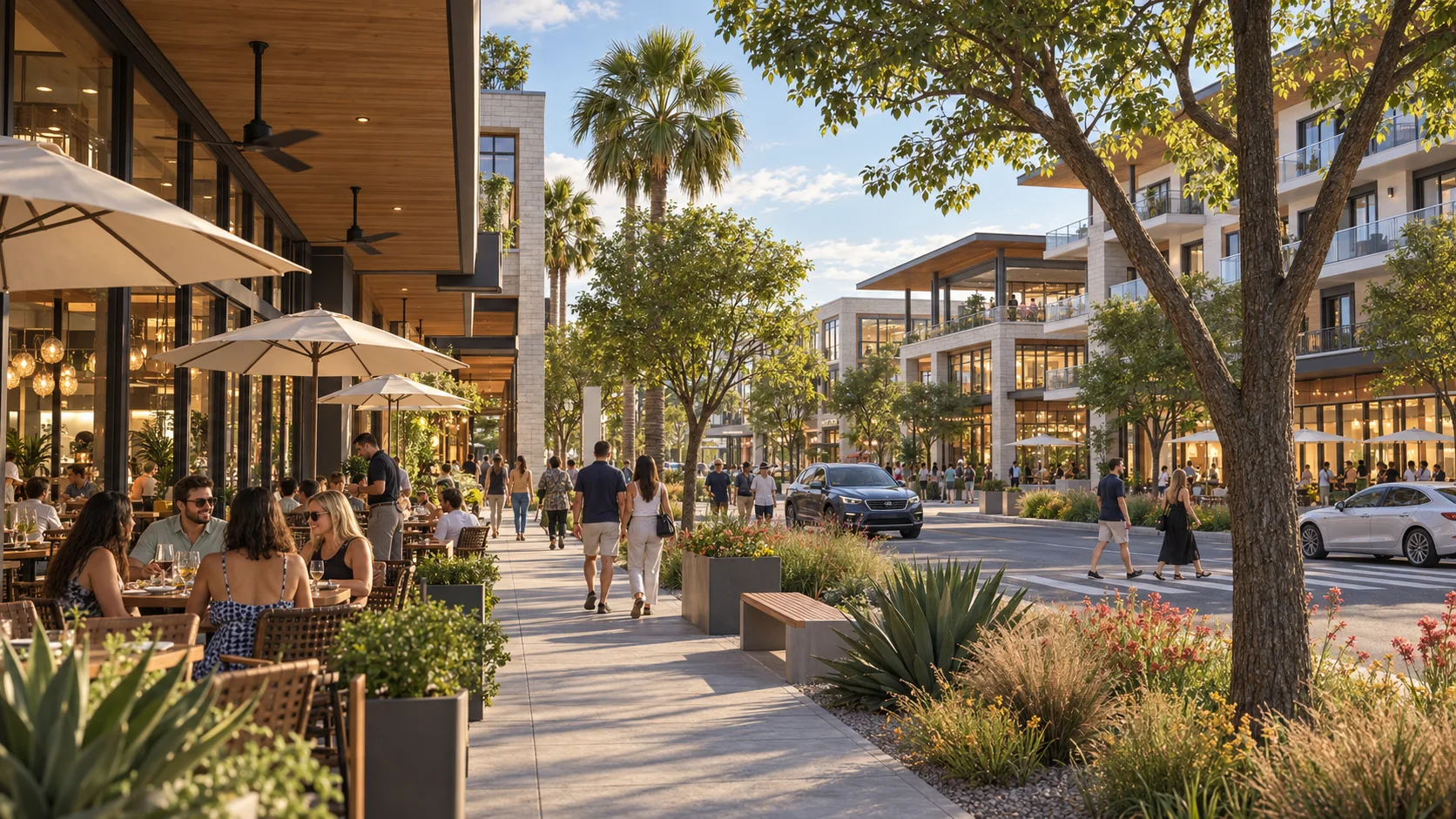 AI-generated concept of Legacy Park with outdoor restaurant seating, a shaded sidewalk, shops and apartments along a local street.