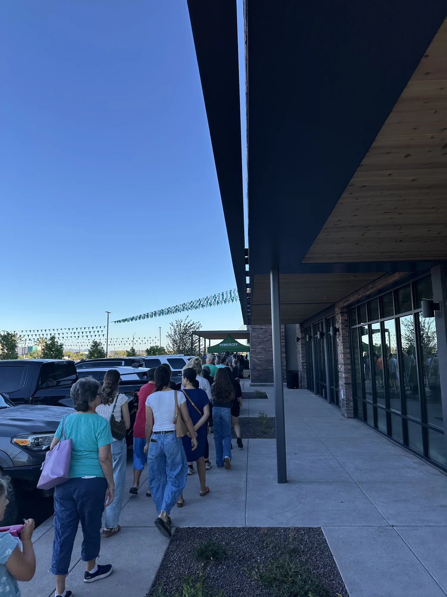 Opening-day shoppers line the covered sidewalk outside Sprouts Farmers Market at Ellsworth and Ray in Mesa.