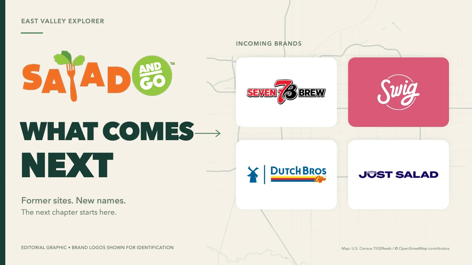 Editorial graphic asking what comes next for Salad and Go, alongside the official 7 Brew, Swig, Dutch Bros and Just Salad logos.