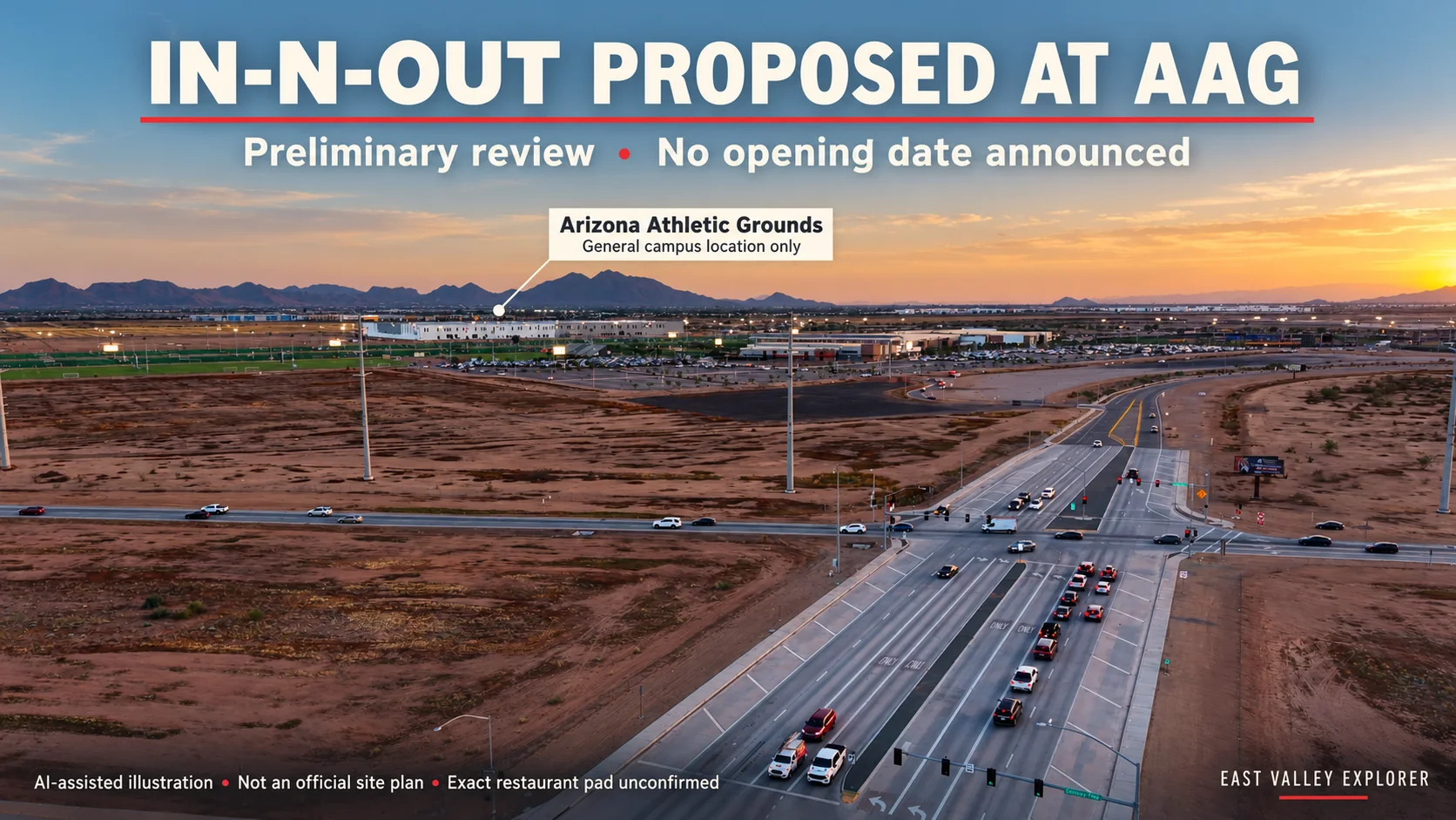 AI-assisted aerial location illustration identifying Arizona Athletic Grounds as the campus associated with a proposed In-N-Out; no exact restaurant pad is marked.